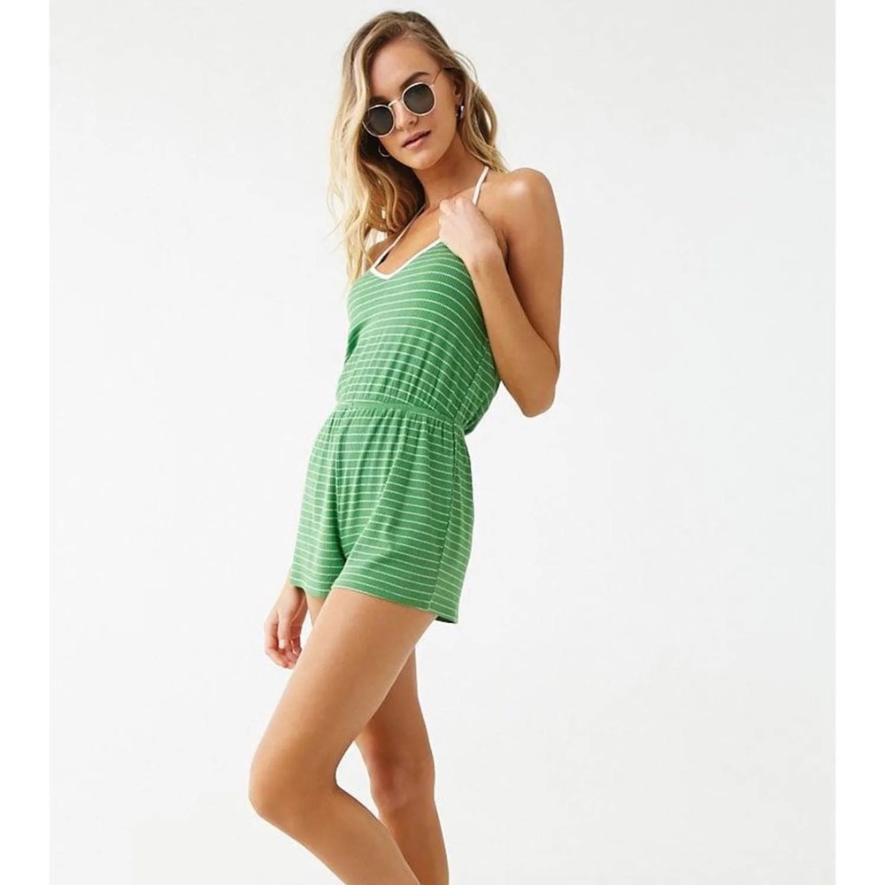 F21 striped green halter romper